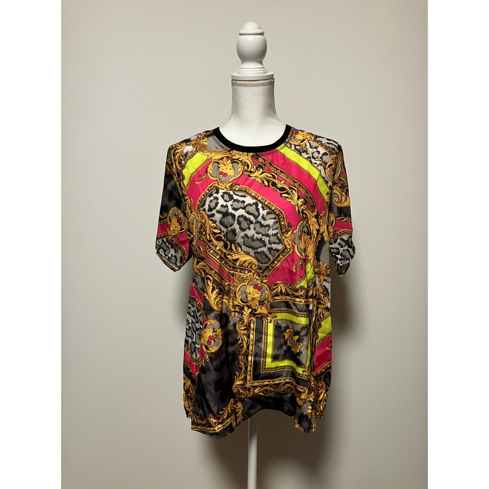 Hello Kitty Forever 21 Women Woven Top L Fuchsia Gold Baroque Leopard Print NWT
